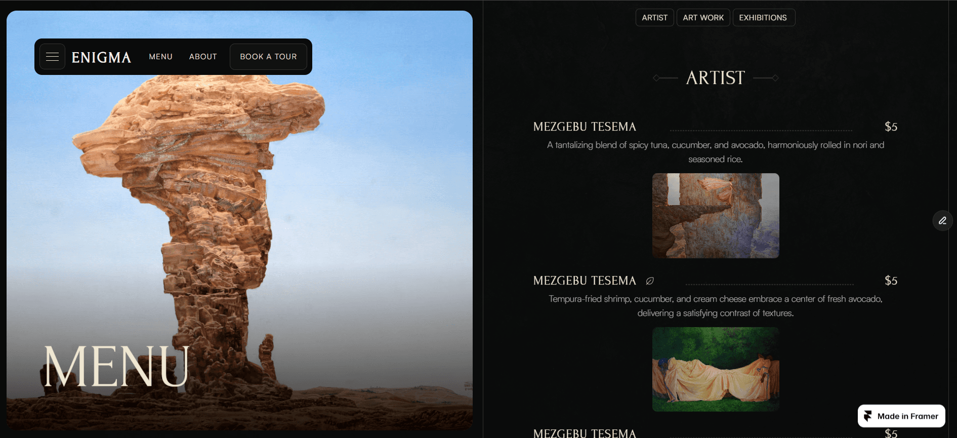 Actual website capture · collection and artist navigation